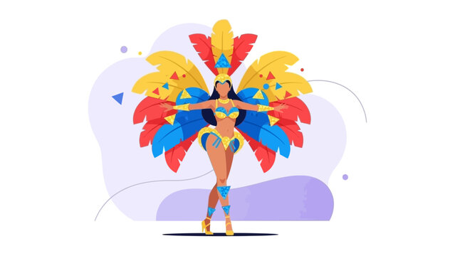 A vibrant flat design illustration capturing the energetic spirit of a female samba dancer in a colorful carnival costume