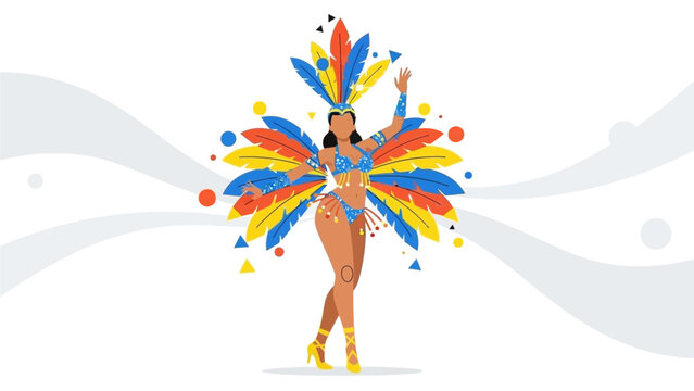A vibrant flat design illustration capturing the energetic spirit of a female samba dancer in a colorful carnival costume