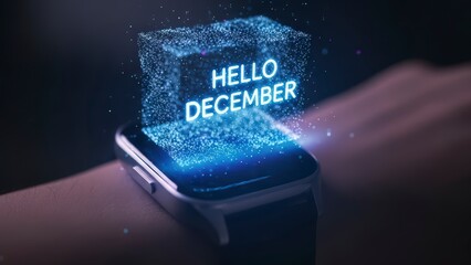 Futuristic Smartwatch Displaying Hello December Hologram.
