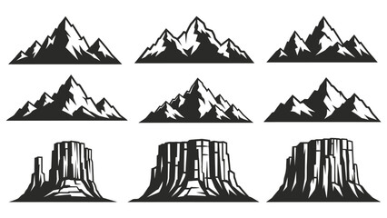 Fototapeta premium Collection of black and white graphic silhouettes featuring jagged mountain peaks and mesas