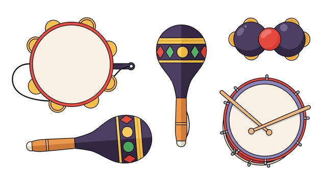 A clean flat design illustration showcasing a collection of essential Rio Carnival musical instruments like the tambourine and surdo drum