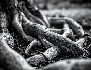 Gnarled tree roots spread across the forest floor in a grayscale close-up shot