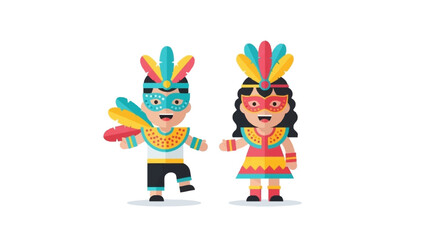 Fototapeta premium A charming flat design illustration featuring two children in simplified, colorful Rio Carnival costumes, happily playing
