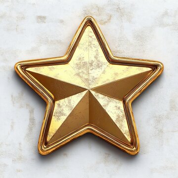 golden five-pointed metallic star badge with beveled edges on a textured white background, polished yet slightly weathered, elegant and prestigious