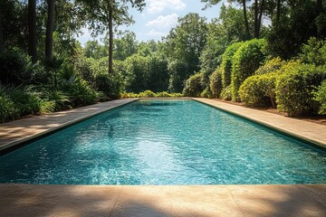 rectangular backyard swimming pool with clear blue water, sunlit tile deck, manicured bushes and tall trees under a bright sky, peaceful and inviting summer retreat