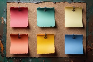 cork bulletin board with six torn colorful paper notes clipped in two rows on a worn painted frame, playful organized creative mood