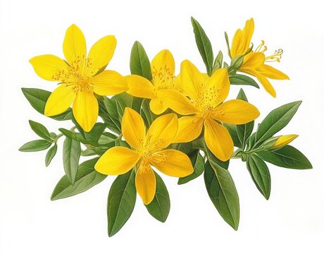 cluster of bright five-petaled yellow flowers with prominent stamens and glossy green leaves on white background, cheerful botanical close-up - Powered by Adobe
