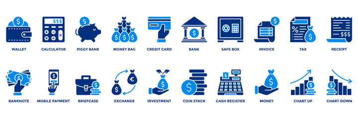 Finance vector icons with dollar signs for apps and business. Includes wallet, bank, calculator, credit card, and investment icons. Ideal for fintech and accounting designs.