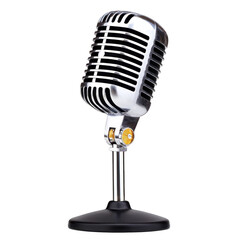 Fototapeta premium Vintage microphone chrome retro style classic audio equipment isolated on transparency background shiny metal professional music broadcasting nostalgia elegant design
