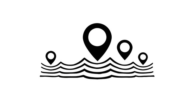 Location pin icon with waves black and white symbolizing navigation water travel and exploration suitable for map sea or adventure concepts simple and modern design