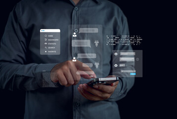 Artificial intelligence chatbot and digital communication concept with businessman using smartphone, virtual assistant interface, customer support automation, smart technology system.