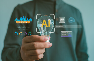 Hand holding light bulb with AI symbol and virtual data interface, representing artificial intelligence innovation, creative ideas, digital transformation and future business solution.