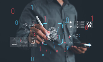 Biometric fingerprint security verification concept with businessman using stylus and smartphone, digital identity authentication, data protection system, cyber security fintech technology interface.
