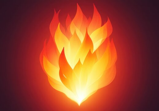 glowing layered orange and yellow stylized flame with leaf-shaped tongues and bright core radiating warm intense energy on a dark background