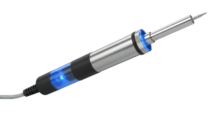 Close-up of a soldering iron with glowing blue heating element isolated on transparent background