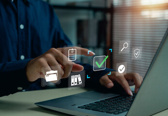 Businessman using digital interface for document management, data verification and cyber security concept. Online audit, file organization and secure workflow technology.