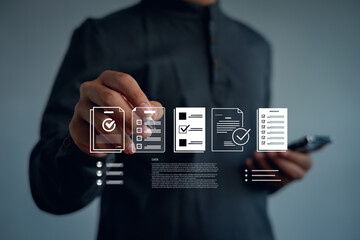 Digital document verification and approval concept with businessman selecting checklist interface, online data validation system, workflow management, secure information processing.