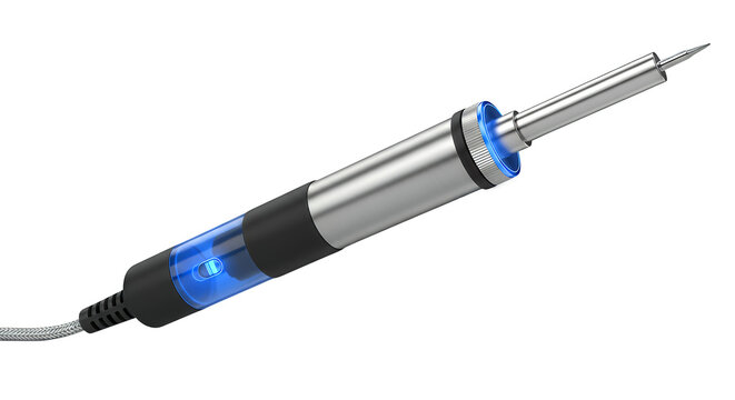 Close-up of a soldering iron with glowing blue heating element isolated on transparent background