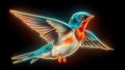 Neon swallow flying shapes with glowing outlines, sleek bird motion illustration, futuristic neon wildlife art with vibrant electric strokes on dark background
