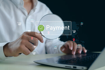 Secure online payment concept with businessman using magnifying glass on digital transaction interface, global fintech security, e-commerce protection, and financial technology verification.