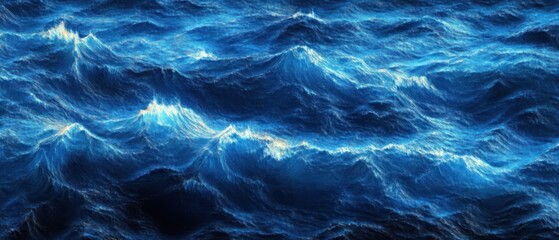 Restless deep blue ocean waves with foamy white crests and shimmering highlights, dynamic and powerful conveying motion and dramatic energy