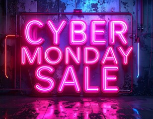 Glowing pink neon Cyber Monday sale sign against a grungy wall and floor backdrop