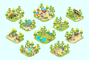Cartoon Color Summer Park and Fest Concept Different Scenes and Character People 3d Isometric View. Vector illustration