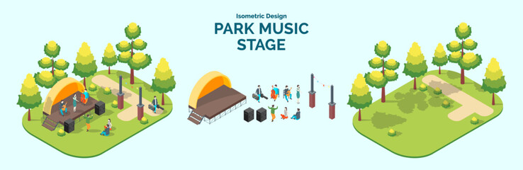 Cartoon Color Summer Park and Fest Concept Music Stage with Separate Set 3d Isometric View. Vector illustration