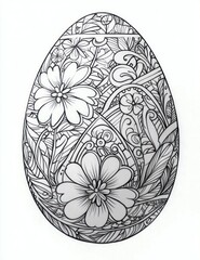 ornate egg-shaped line drawing filled with large flowers, leaves, swirls and intricate decorative patterns conveying a calm meditative mood