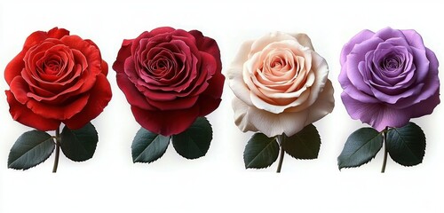 four roses in red, deep burgundy, creamy peach and lavender with green leaves on white background conveying elegance, romance and serene beauty