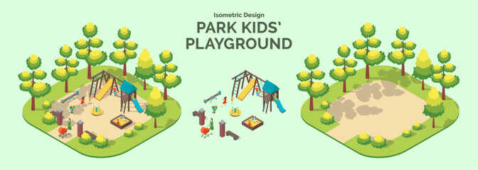 Cartoon Color Summer Park and Fest Concept Kid Playground with Separate Set 3d Isometric View. Vector illustration