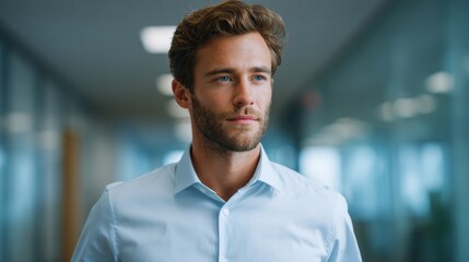 Obraz premium An handsome businessman confidently strides through the office corridor