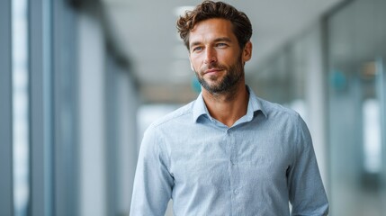 A stylish man, elegantly poised within a modern setting, exudes confidence and charm. He wears a light blue shirt, and his focused gaze adds to his composed demeanor.