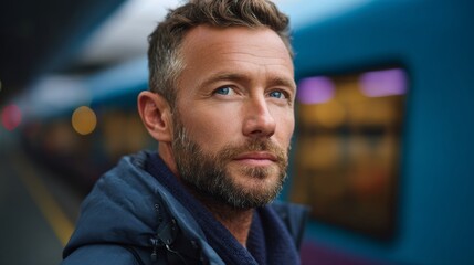 A man with thoughtful gaze by train station. He's looking into distance with his beard. 