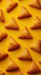 Golden triangular Samboosa arranged neatly, dish from Saudi Arabia on yellow background, food photo, template for social media, digital ads, web banners, mobile wallpapers, greetings card