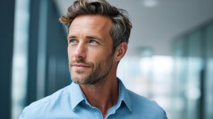 Obraz premium A man looking off into the distance, with a thoughtful expression on his face, inside a modern building