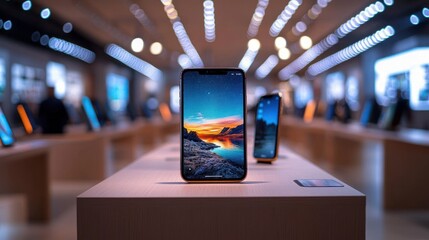 sleek smartphone on display with vibrant sunset mountain and lake wallpaper in a modern electronics showroom, blurred lights, rows of devices and silhouettes evoking wonder and excitement