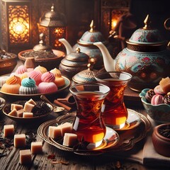 Fototapeta premium Traditional Turkish tea in glass cups, teapot, dry leaves, brown sugar and sweets on wooden table, closeup