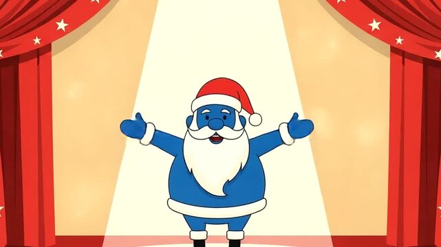A blue santa character stands under a spotlight on a festive stage with red star curtains