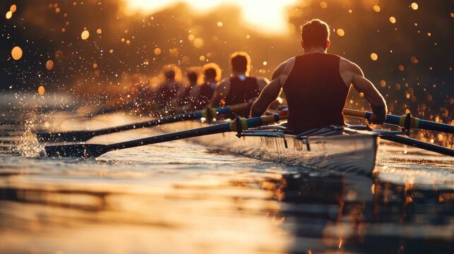 rear view of a rowing crew powering a boat through golden sunset water, splashes flying, focused teamwork and intense exhilaration
