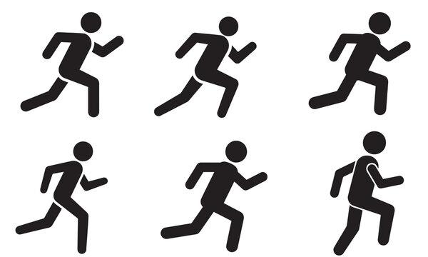 A collection of running stick figure icons illustrating motion and animation frames for vector design