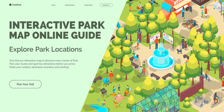 Cartoon Color Interactive Park Map Online Guide Summer Fest Concept Banner 3d Isometric View. Vector illustration