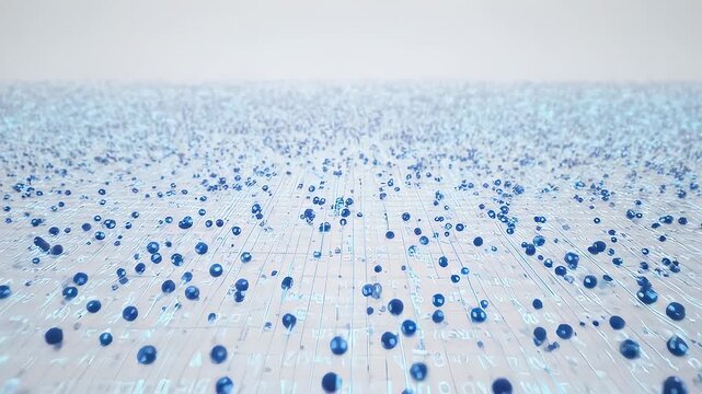 Blue orbs on a grid, fading to white. Futuristic and abstract