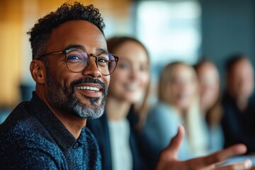 man raising hand and speaking in a professional meeting with colleagues seated in a bright conference room, conveying engagement and attentive participation