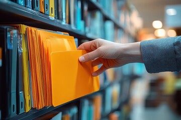 human hand reaching to pull a bright orange file folder from a row of organized binders and folders on office shelves, conveying focus and efficient record retrieval