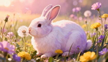 Adorable White Rabbit Sitting in a Blooming Meadow with Colorful Flowers and Soft Sunset Light