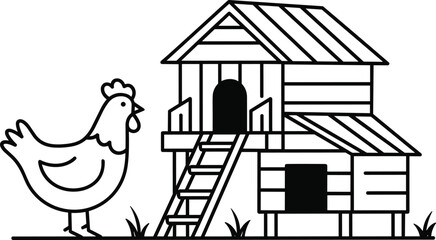 Chicken coop line art illustration, farm hen standing near wooden poultry house, rural agriculture outline design for coloring and education, cad drawing flat vector illustration © Sujay