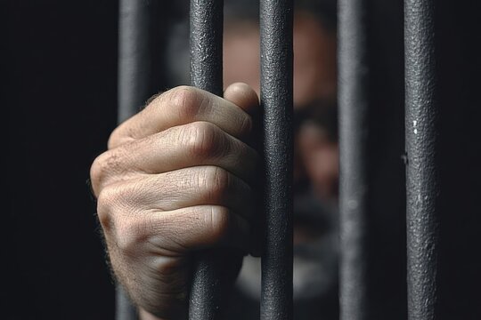 Close-up of an adult hand gripping dark metal prison bars with a blurred face behind, conveying confinement, despair and longing