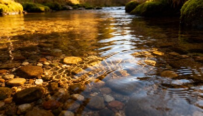 Serene Stream with Sunlit Clear Water Flowing Over Pebbles and Rocks in Tranquil Nature Scene at Sunset