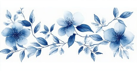 Obraz premium delicate blue watercolor floral branch with three blooming flowers and trailing leaves evoking calm and elegance